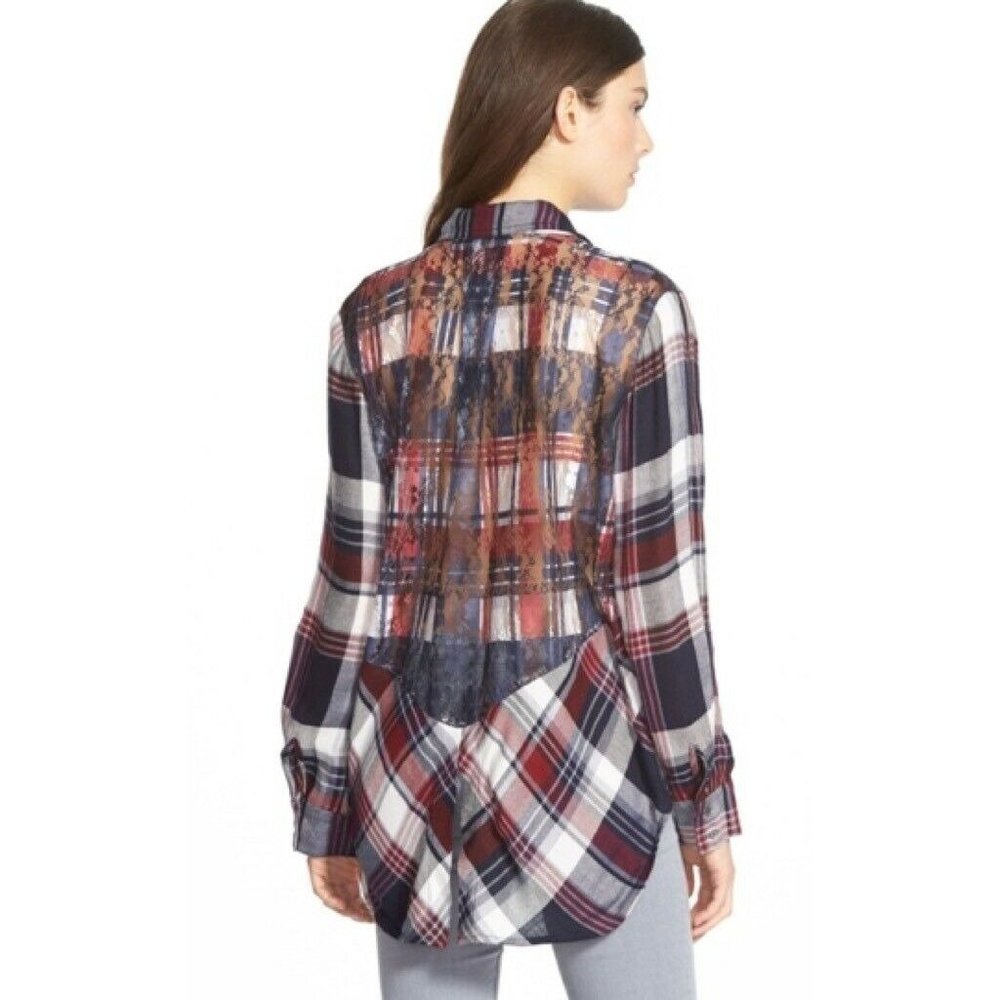 Sam Edelman Womens Riley Button Front Shirt Multicolor Plaid Lace Split Back XS - Picture 5 of 11